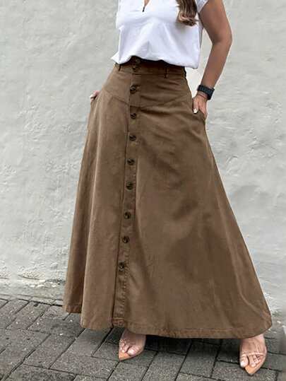 Falda larga de cintura alta y corte en A de unicolor elegante para mujer con bolsillos y abertura con botones en la parte delantera, de moda y práctica, adecuada para primavera, verano, otoño e invierno