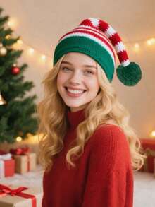 中性圣诞针织帽 - 柔软温暖的红、白、绿条纹帽子，配绿色绒球，通用圣诞派对用品和节日头饰，秋冬 - 綠色 - 查看 5