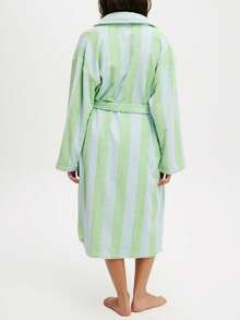 Womens Plush Soft Robe Long Sleeve Belted Striped Bathrobe With 2 Pockets For Spa, Pool - 綠松石色 - 查看 4