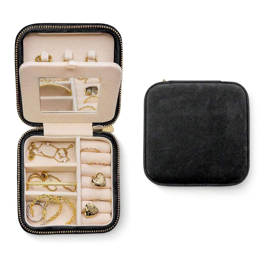Plush Velvet Jewelry Box | Travel Jewelry Case Organizer With Mirror  | Best Gifts For Daughter, Girlfriend, Mom | Gifts For Her - 黑色 - 查看 1