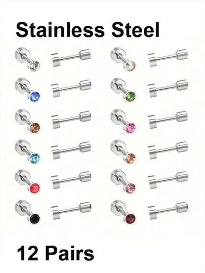 Conjunto de brincos de strass coloridos de aço inoxidável de luxo, moda europeia e americana, 24 peças/12 pares, elegante e sofisticado, opção de presente, adequado para mulheres