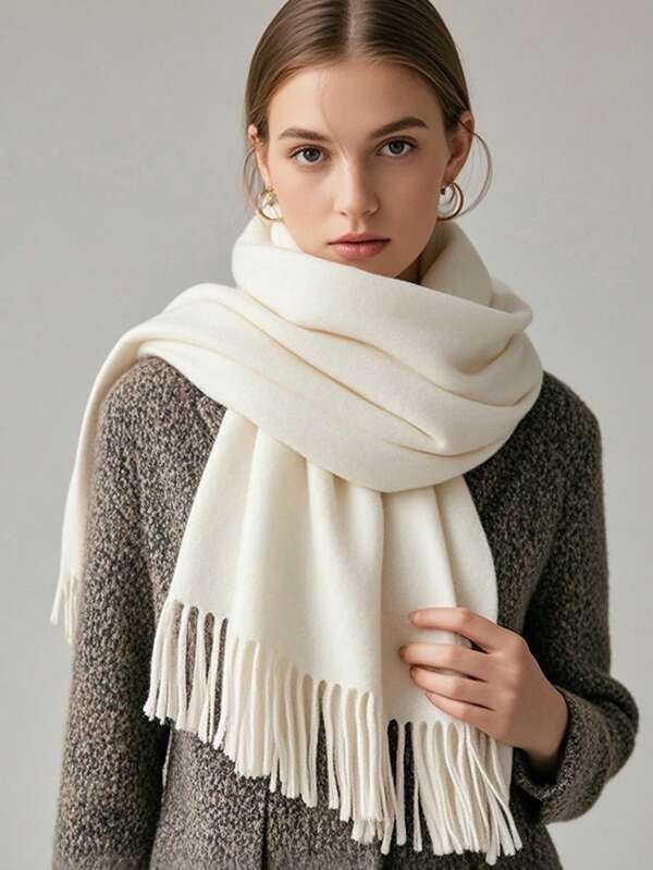 1pc Women's Solid Color Thick Faux Cashmere Tassel Scarf, Simple Elegant Fashion Couple Autumn/Winter Soft Shawl Dual-Use Warm Scarf, Suitable For Daily Outings, Weddings, Bridesmaids, Gift