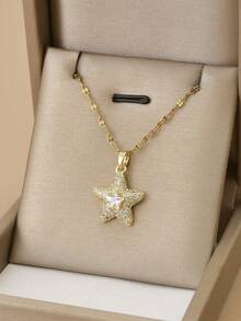 1 件精美不锈钢水钻海星项链和 1 对精美不锈钢水钻海星耳环，女士沙滩珠宝，海洋主题系列，沙滩配饰 - 金黃色 - 查看 10