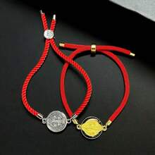2 piezas Nuevo brazalete ajustable de cuerda roja y medalla de San Benito, brazalete trenzado de moda casual para mujer, regalo de Navidad