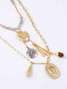 1 件复古奢华高端设计双层链条分层心形和几何吊坠项链，适合女士休闲装 - 鏈條項鍊 - 查看 5