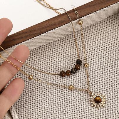 1pc Vintage Gold Sunflower & Tiger Eye Stone Necklace, Layered Wear Sweater Chain, Clavicle Necklace Accessory, Suitable For Party And Banquet, Autumn/Winter