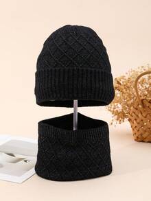 2pcs/Set Solid Color Knit Hat + Scarf, Autumn/Winter Outdoor Sports Fishing Essential, Diamond Pattern Knitted Hat & Scarf Set, Unisex Knitted Blend, Fashion Versatile Winter Beanie & Scarf