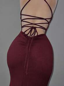 Vestido de mujer, unicolor, tirantes finos, espalda descubierta grande, pliegues en las caderas, aberturas grandes en las caderas, que cubre las caderas, sexy, sin mangas, vestido largo para fiesta, adecuado para usar debajo de un abrigo en otoño, parte superior