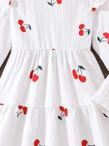 Left Mama Vestido blanco de manga larga con estampado floral y de cerezas elegante para niñas, primavera/otoño