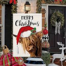 Christmas Garden Flag - Double-Sided Linen Outdoor Flag With Baby Highland Cow & Cardinal - 12x18 Inch Winter Farmhouse Yard Decoration - , Weather-Resistant (1pc, No Stand Included)