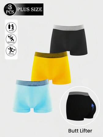 Pacote com 3 cuecas boxer masculinas plus size, cor sólida, sem costura, simples e casuais, confortáveis e agradáveis à pele, adequadas para corrida, uso diário, shorts de boxe