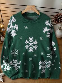 Christmas Women's Casual Comfortable Romantic Retro Modern Commute Office Teacher Outfit Snowflake Knit Crew Neck Sweater, Suitable For Home, Holiday, School, Office, Date Night, Birthday Party, Travel, Country Music Concert, Airport, Spring, Autumn, Winter