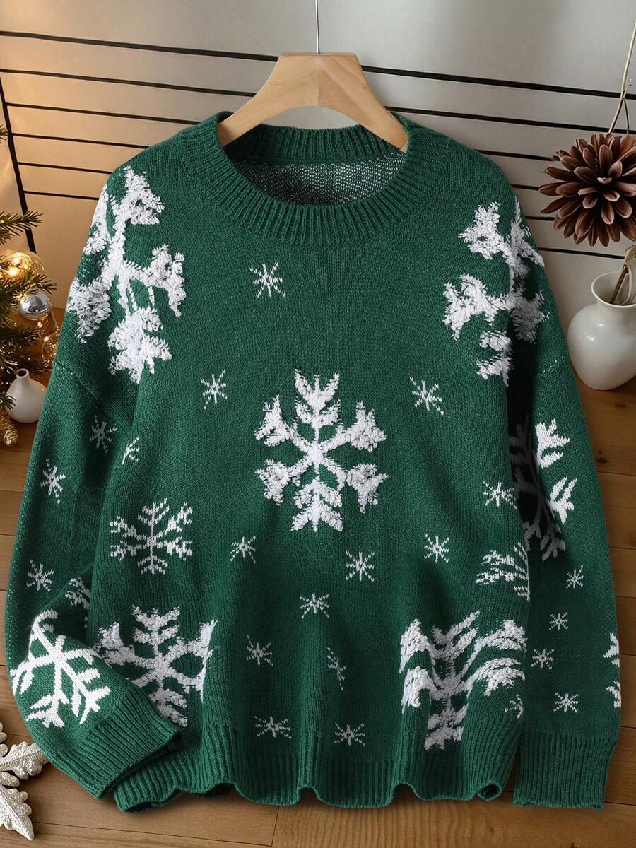 Christmas Women's Casual Comfortable Romantic Retro Modern Commute Office Teacher Outfit Snowflake Knit Crew Neck Sweater, Suitable For Home, Holiday, School, Office, Date Night, Birthday Party, Travel, Country Music Concert, Airport, Spring, Autumn, Winter