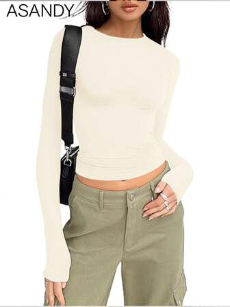 3 יחידות/סט נשים חולצות טריקו בצבע אחיד עם צווארון עגול ושרוולים ארוכים, גזרה צרה, חולצות סוודרים מזדמנים