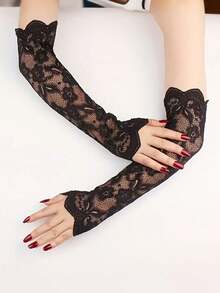1 Pair Of Women's Dark Black Lace Long-Sleeved Arm Sleeves - Lightweight, Breathable, Elastic. Suitable For Outdoor Cycling, Driving And Summer Activities. Fashionable And Comfortable Fingerless Gloves. Style. - Multicolor - View 8