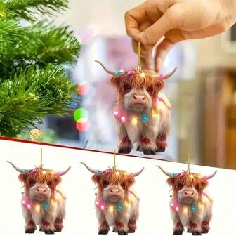 1 pieza/4 piezas Adorno de vaca de pelo largo con luces de colores - Único encanto de árbol de Navidad acrílico 2D, colgante de decoración del hogar de moda - Versátil para espejo de coche, bolsos y llaveros - Regalo perfecto