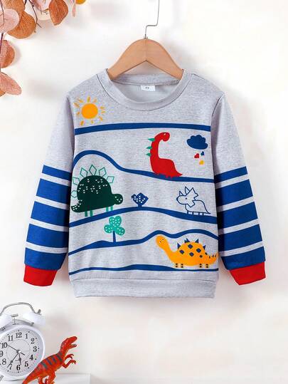 BrownBark 男童可爱恐龙印花套头衫，柔软舒适休闲创意连帽衫，适合男童日常穿着、上学、春秋季