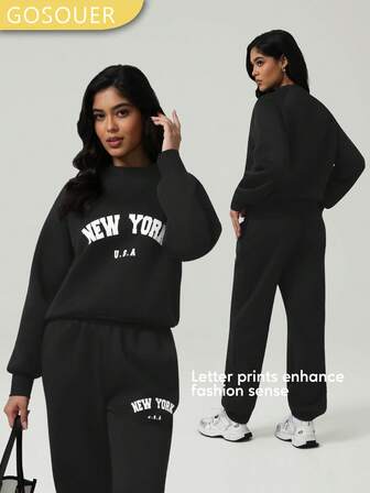 GOSOUER 2 Pieces Athleisure Set Women's Classic Letter Print Solid Color Fleece Loungewear Outdoor Running Sports Sweatshirt And Joggers Sweatpants Set For Winter And Fall