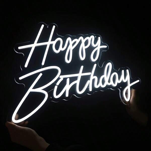 1 Adesivo de Parede LED "Feliz Aniversário" com Luz Neon e Fonte de Alimentação USB. Decoração com Caligrafia Brilhante. Adequado para festas de aniversário e comemorações.