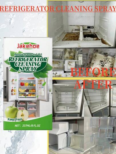 jakehoe 1 Stück/237ml Kühlschrankreiniger-Spray, Haushalts-Küchen-Entfetter und Fleckenentferner, löst hartnäckigen Schmutz und Fett schnell auf, entfernt leicht Lebensmittelrückstände und Ölflecken. Geruchsneutralisierer beseitigt verschiedene Gerüche, hält die Kühlschrankluft frisch