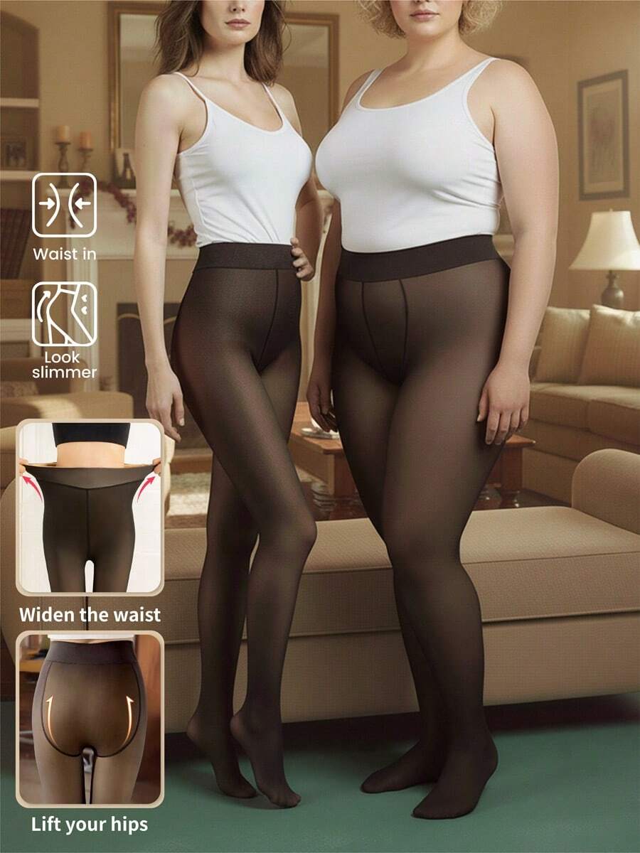 Plus Size Women's Winter Black Thickened Thermal Lined Sheer Tights/Pantyhose High-Elasticity Micro-Compression Tummy Control Non-Slip Women's Tights Suitable For Everyday Casual Wear