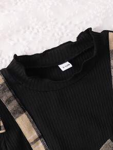 Vestido de manga larga con volantes en los hombros y lazo, a cuadros, de moda para bebé niña, para primavera/otoño - Negro - Ver 3
