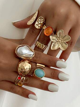 8 件/套复洛克风格接缝戒指，叠层仿宝石，轻奢液态金属花朵戒指首饰，适合女士