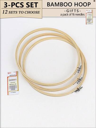 3pcs Bamboo Material DIY Hand Embroidery Hoops, Embroidery Frames, Dreamcatcher Wind Chime Hanging Rings, 12 Sizes Available, Home Decor, Wall Hanging, Halloween/Christmas Decoration, Phone/Keychain/Bag/Clothing Accessory, Desk/Bedside Ornament, Car Pendant, Includes 1 Pack Of 16 Needles For Embroidery And Sewing
