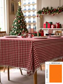 1pc Red Plaid Woven Tablecloth, Vintage American Country Style With Tassel Design, Suitable For Kitchen, Coffee Table, TV Cabinet, Entryway, Versatile For Daily Use, Holidays, Christmas, Home Decor, Family Gatherings, Birthday Parties, Weddings, Banquets - Red - View 13