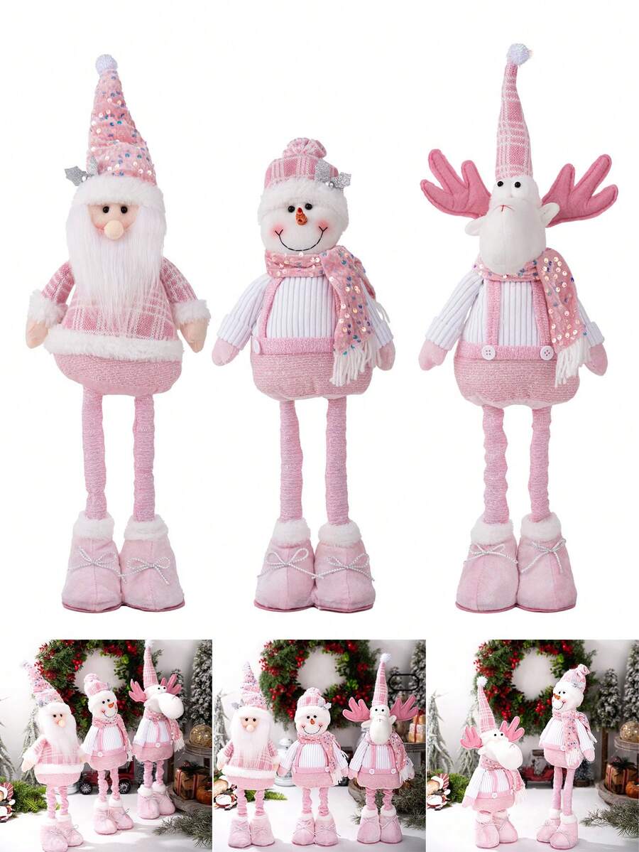 1pc Cute Christmas Pink Sequins Retractable Decorative Ornaments, Santa Claus, Snowman, Elk Desktop Decorative Ornaments, Christmas Tree Scene Decoration Props, Holiday Party Christmas Atmosphere Decoration Props, Christmas Decorations Gift, Christmas Decor, Room Decor, Home Decor