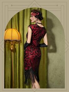 YESSA 1920s Flapper Dresses For Women Great Gatsby Dress Roaring 20s Costumes Sequin Harlem Nights Dress With 20s Accessories - Red - View 4