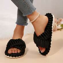 Womens Slippers Open Toe Indoor Memory Foam Slide Cross Band Outdoor - Black - View 9