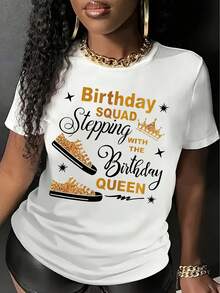 Trending Clothes Women's Birthday Squad Pattern T-Shirt - "Step On The Queen" Glitter High Heel Design, White And Gold Casual Round Neck Short Sleeve Top, Suitable For Summer, Spring And Birthday Party Outfits, Celebration Clothing, Fun Printed T-Shirt, Comfortable Fit, Durable Printing - 白色 - 查看 1