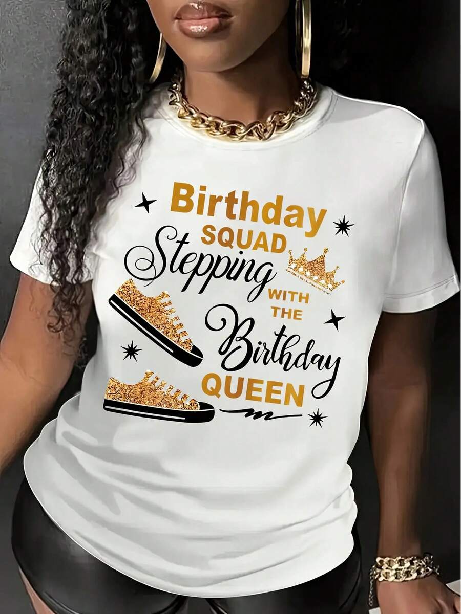 Trending Clothes Women's Birthday Squad Pattern T-Shirt - "Step On The Queen" Glitter High Heel Design, White And Gold Casual Round Neck Short Sleeve Top, Suitable For Summer, Spring And Birthday Party Outfits, Celebration Clothing, Fun Printed T-Shirt, Comfortable Fit, Durable Printing - 白色 - 查看 1