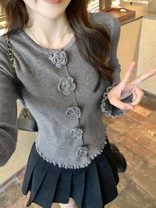 Women's Sexy & Elegant Wave Hem Patchwork Cardigan, Casual Gray Knit Sweater Coat With Stand Collar, Fitted Waist Design For Autumn/Winter