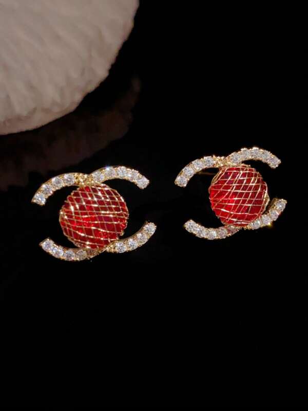 1 Pair Minimalist 925 Sterling Silver Micro-Inlaid Zirconia Round Red Double C Letter Stud Earrings, Versatile Daily Wear Jewelry For Women, Suitable As Party Or Valentine's Day Gift