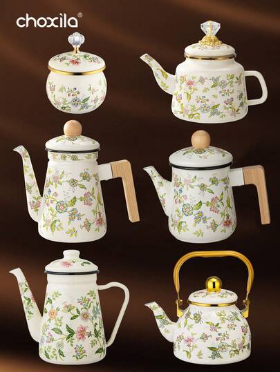 1pc Enamel Coffee Pot, Floral Pattern Pour-Over Kettle, 1.2L Large Capacity Coffee Pot, Handle Pot Coffee Pot Narrow Mouth Oil Pot Boiling Pot, Home Boiling Pot, Tea Pot,Suitable For Electric Stove Gas Brewing Coffee Or Tea
