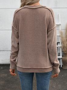 Women's Ribbed Knit Dropped Shoulder Long Sleeve Top, Crew Neck Solid Color Pullover Sweater, Casual Versatile Long Sleeve Shirt For Autumn/Winter, Suitable For Daily/Commute Wear