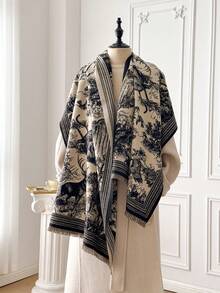 1 Khăn choàng cổ bằng vải cashmere giả họa tiết hoa jacquard ấm áp có thể đảo ngược dành cho nữ, thích hợp mặc hàng ngày, mặc vào mùa thu/đông - màu be đen - Xem 6