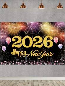 1pc Happy New Year Celebration Backdrop Banner,Glitter Fireworks Balloon Pattern Versatile Polyester Background Cloth For Indoor/Outdoor,Colorful Fireworks Theme Party Decor,New Year Eve Event Party Supplies,Perfect For New Year Photo Booth Wall Background Decoration Party Decorations Supplies Home Decor, 2026 New Years Decorations - Multicolor - View 3