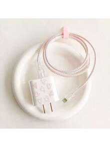 5个粉色TPU爱心/蝴蝶结/花朵/紫色爱心猫咪充电线保护套，兼容苹果18/20W充电器，送朋友的好礼物 - 粉紅愛心 - 查看 8