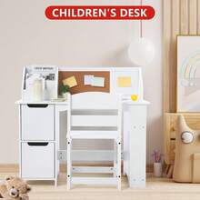 Kids Study Desk With Chair, Kids Desk And Chair Sets With Hutch, Storage Cabinet And And Bulletin Board, Wooden Children Study Table, Student Writing Table Computer Workstation - White - View 6