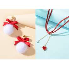 Christmas Jewelry Set Wine Red Choker Heart Pendant Necklace And Red Bow White Ball Dangle Earrings