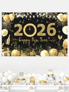 1件 2026新年背景布，黑金氣球圖案聚酯纖維背景布，2026新年慶祝派對背景裝飾，家居裝飾，房間裝飾，牆掛橫幅，庭院裝飾旗幟，新年掛飾，2026新年裝飾，新年禮物 - 黑金慶祝 - 查看 5