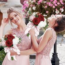 1 Bouquet Wedding Bouquets For Bride Bridesmaid Artificial Roses Flowers Bridal Bouquet For Rustic French Vintage Formal Wedding Home Decoration 11.41in,Party Birthday,Valentine'S Day,Mother'S Day Gift - 酒紅色 - 查看 2