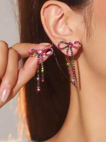 Retro Shining Tassel Club Bowknot Crystal Rhinestone Earrings Stud Wedding Party Graduation Jewelry 1 Pair - Silver - View 14