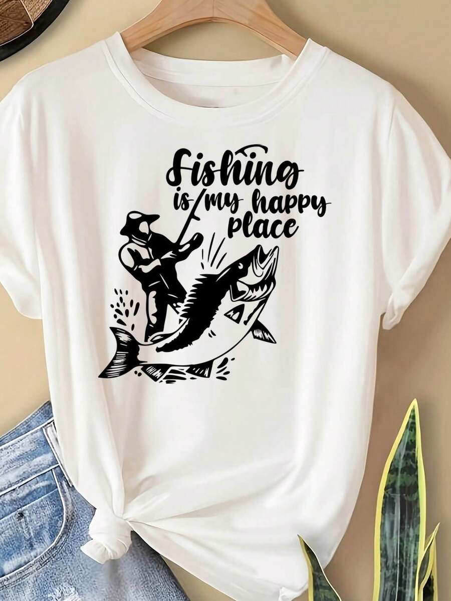 Fishing Art Print, Relaxed Fit Shirt, Men Clothes, Perfect For A Casual Yet Stylish Date Night Look, Casual T-Shirt Graphic Tees, 100 Percent Cotton Shirts, White Street Graphic Tees, Men's T-Shirt, Funny Graphic Vintage T Shirts, S-XXXL - 白色-3 - 查看 1