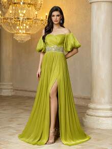 UNITHORSE 女士优雅露肩灯笼袖雪纺贴花修身高开衩长款晚礼服 - 橄欖綠 - 查看 3