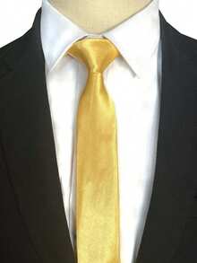 1条男士真丝领带 | 细黄色领带，适合婚礼和正式商务 | 经典编织缎面设计 - 黃色 - 查看 4