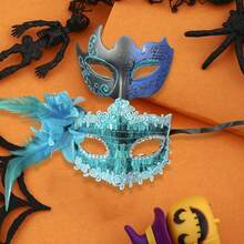 Men Women Masquerade Facewear, Exquisite Glitter Feather Half Face Facewear Halloween Cosplay Headwear - 藍色 - 查看 4